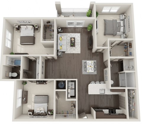 A 3D floor plan of a small apartment with a kitchen, living room, and bedroom.